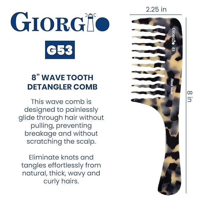 Giorgio G53 Wide Tooth Comb for Curly and Thick Hair - Large Rake Detangler Comb for Wet or Dry Hair, Handmade and Hand Polished (8)