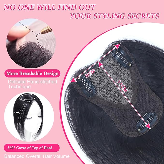 Hair Toppers for Women Real Human Hair Topper Upgrade Swiss Lace Middle Part Clip in Bangs Remy Human Hair Straight Hairpieces for Thinning Realistic Scalp 360° Cover Gray Hairy Roots Black 1B