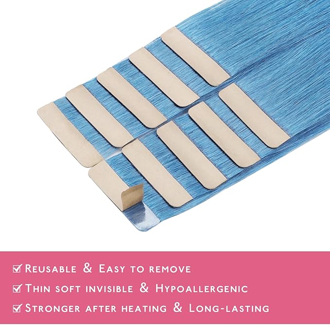 WENNALIFE Tape in Hair Extensions Human Hair SkyBlue Tape in Extensions, 10pcs 25g 18 inch Remy Invisible Tape Ins Straight Colored Soft Real Human Hair Tape in Extensions Refill Set Extensions