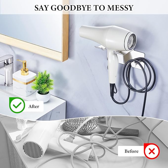 Hair Dryer Holder Wall Mount, Blow Dryer Holder for Wall, Adhesive Hairdryer Holders, Stainless Steel Blowdryer Holders Bathroom Hair Tool Organizer Hair Dryer Hanger Hook with Cord Storage (Silver)