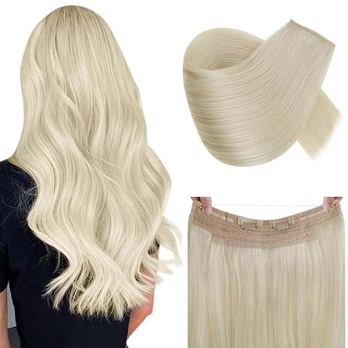 RUNATURE Wire Hair Extensions Blonde Human Hair Extensions with Transparent Fish Line, Real Human Hair, Clip in One Piece Extensions 18 Inch 80g #60 Platinum Blonde