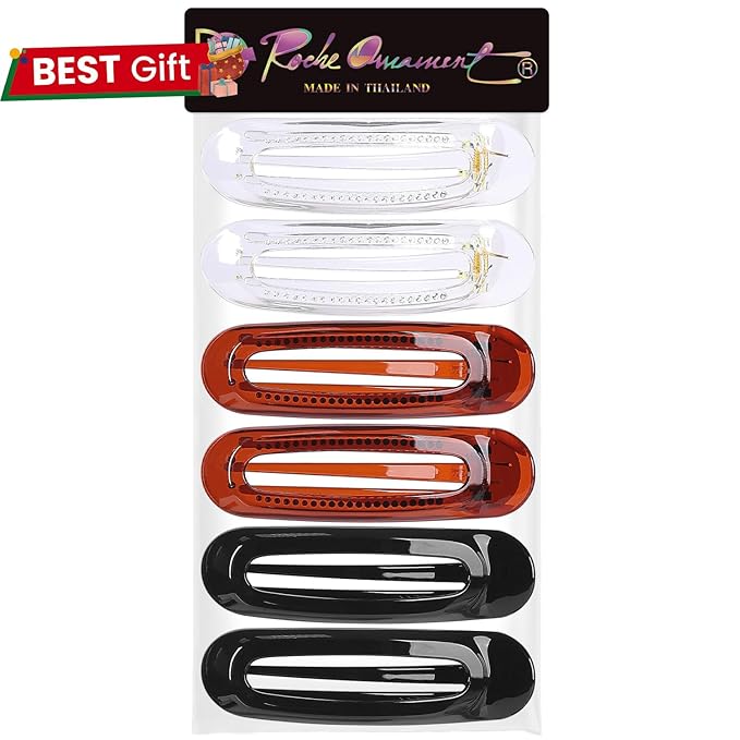 RC ROCHE 6 Pcs Flat Claw Hair Clips for Women Alligator French Barrette Long Thick Hair Duckbill Curved No Slip Grip Lay Flat Side Slide Firm Classic Styling, Medium Clear Brown and Black