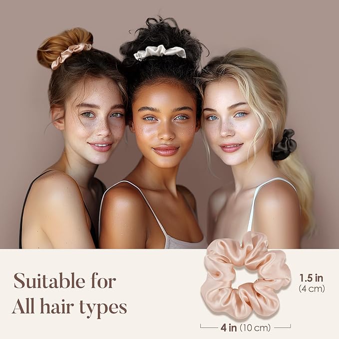 LULUSILK Silk Scrunchies for Hair Sleep, 100% Real Mulberry Silk, No Damage Hair Ties for Women and Girls, Black White and Lotus Pink, Pack of 3