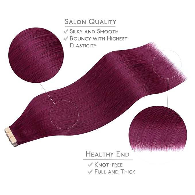 WENNALIFE Tape in Hair Extensions Human Hair, 20pcs 50g 22 inch Light Burgundy Remy Hair Extensions for Women Tape Ins Straight Extensiones De Cabello Humano Skin Weft
