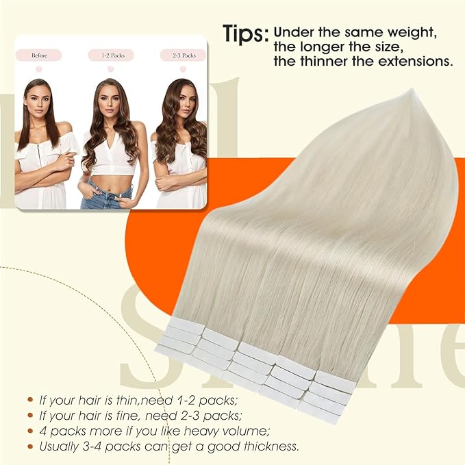 Full Shine Tape in Extensions Ice Blonde Seamless Tape in Hair Extensions Human Hair 18Inch Long lasting Adhesive Invisible Skin Weft Cuticles Aligned Bridal Hairstyles 50G 20Pcs