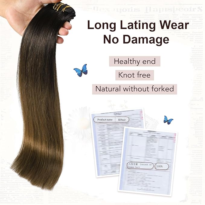 XDhair 22 inchClip in Hair Extensions Real Human Hair 120g 6Pcs Ombre Color Natural Black Fading to Medium Brown Clip in Hair Extensions Natural Soft (#1BT4, 22 inch)
