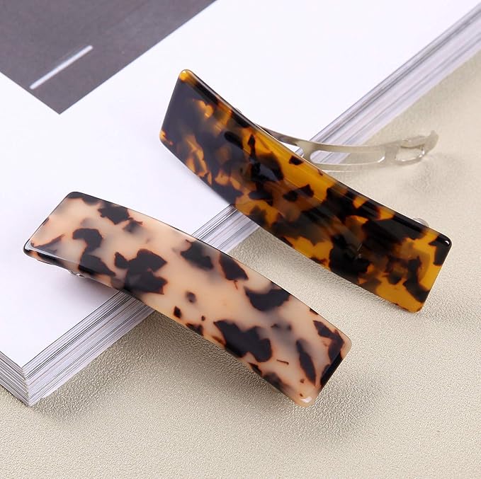 2PCS Hair Barrettes Tortoise Shell French Design Celluloid Rectangle Hair Clips for Women