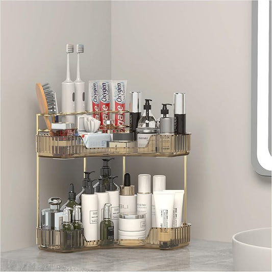 Corner Bathroom Counter Organizer with Top Toothbrush Holders, 2-Tier Make Up Organizers for Vanity with Brush Holder, Corner Storage for Bathroom, Kitchen, Dresser