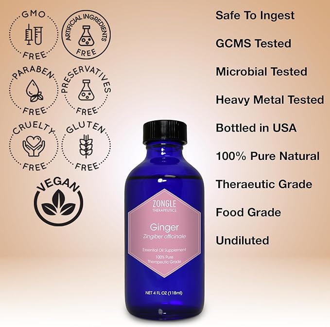 Ginger Oil, Edible, Food Grade – 100% Pure, Ginger, Essential, Oil, for Massage, by Zongle Therapeutics, 4 OZ