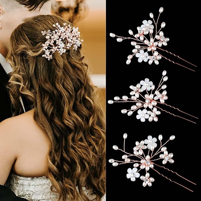 Elegant Pearl Wedding Hair Pins, Bendable Floral Crystal Hair Accessories for Bridal Women, Pack of 3 (Rose Gold)
