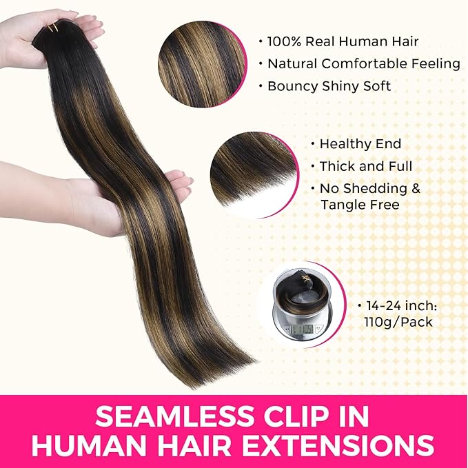 Lashey Seamless Clip in Hair Extensions Human Hair Light Yaki Natural Black Mixed Chestnut Brown 16 Inch 7pcs 110g Real Human Hair Clip ins for Black Women