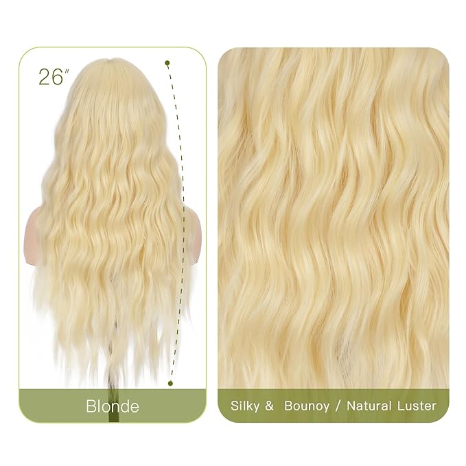 Long Blonde Wavy Wig with Curtain Bangs for Women 26 Inch Synthetic Wig Natural Looking Heat Resistant Fiber Wigs for Daily Party Halloween Cosplay Use