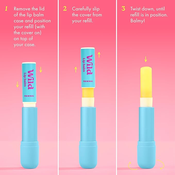 Wild Refillable Lip Balm Starter Kit - Includes Blue Aluminum Case & 3 Pack Lip Balm Refills in a Variety of Scents - Includes Coconut & Vanilla, Passionfruit Swirl & Watermelon Flavors