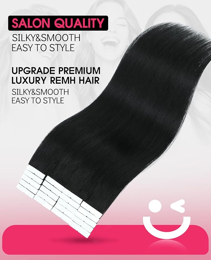 Youngsmile Injection Tape in Hair Extensions Real Human Hair, #1 Jet Black 22 Inch Invisible Edge Tape in Injected Hair Extensions, 20pcs 50g, Straight Remy Virgin Human Hair Tape ins (#1,22'')