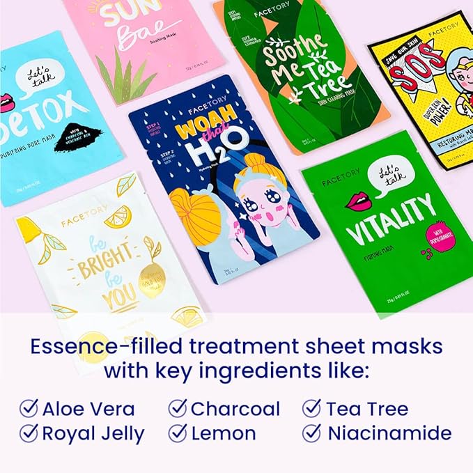FACETORY K Beauty Face Mask Skin Care - BEST OF 7 COLLECTION Sheet Mask Set | Natural Premium Korean Face Mask For All Skin Types - No Sulfates No Parabens (7 pc)