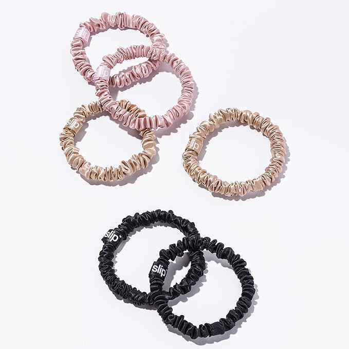 slip Skinny Scrunchies Multi | Set of 6 Pure Silk Skinny Scrunchies | Includes 2 Pink, 2 Caramel, 2 Black | 100% Mulberry Silk, Anti-Crease, Gentle on Hair, Reduces Breakage | Stylish & Durable