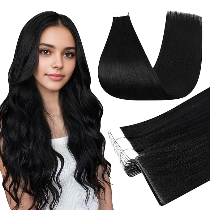 Full Shine Injection Tape in Hair Extensions Color 1 Black 20 Inch Seamless Injected Human Hair Intact Injection Tape in Extensions Straight Remy 20 Pcs 50 Grams Skin Weft Thick Ends for Daily