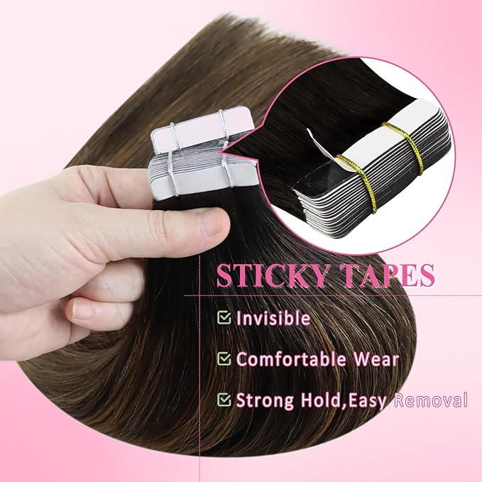 YoungSee Tape in Hair Extensions Real Human Hair Dark Brown Tape in Hair Extensions Balayage Dark Brown with Ash Brown Tapein Hair Extension Human Hair Long Hair 24In 20pcs 50g for Wedding