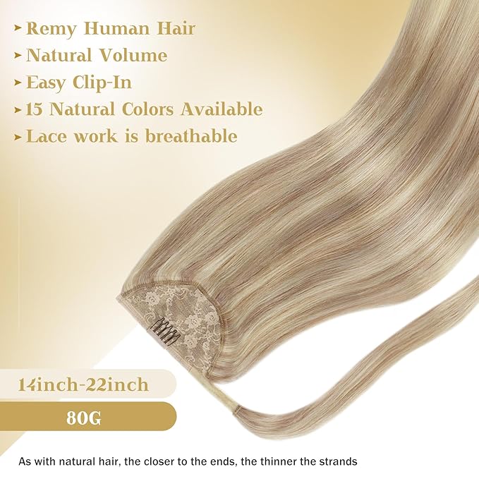 Ve Sunny Hair Extensions Ponytail Real Human Hair Wrap Around Clip in Ponytail Hair Extensions Straight Extensions Human Hair for Women Blonde Highlights for Women Warm Color 20inch 80G