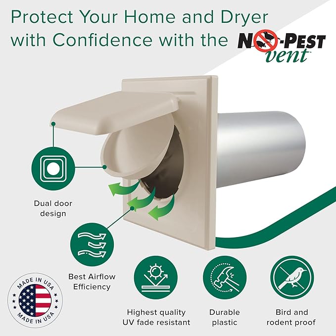NO-PEST VENT, Exclusive Dual Door Dryer Vent Cover Outdoor 4 inch or Bathroom fan, Made in USA w Highest UV Resistant Plastic in any Outdoor Vent Cover (Tan, 4 inch With 12" Duct Tube)