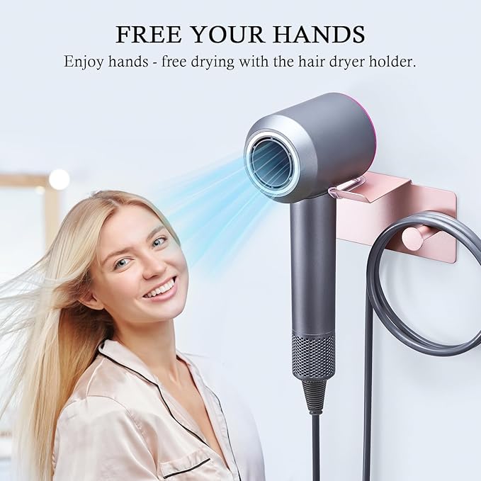 Hair Dryer Holder Wall Mount, Blow Dryer Holder for Wall, Adhesive Hairdryer Holders, Stainless Steel Blowdryer Holders Bathroom Hair Tool Organizer Hair Dryer Hanger Hook with Cord Storage(Rose Gold)