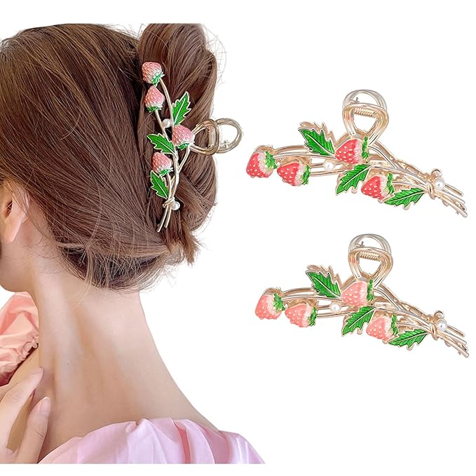 Hair Clip 2Pcs Cute Strawberry Metal Hair Claw Strong Non Slip Hold Hair Jaw Pink Acetate Hair Clips Accessories for Women and Teens Fashion Hair Supplies