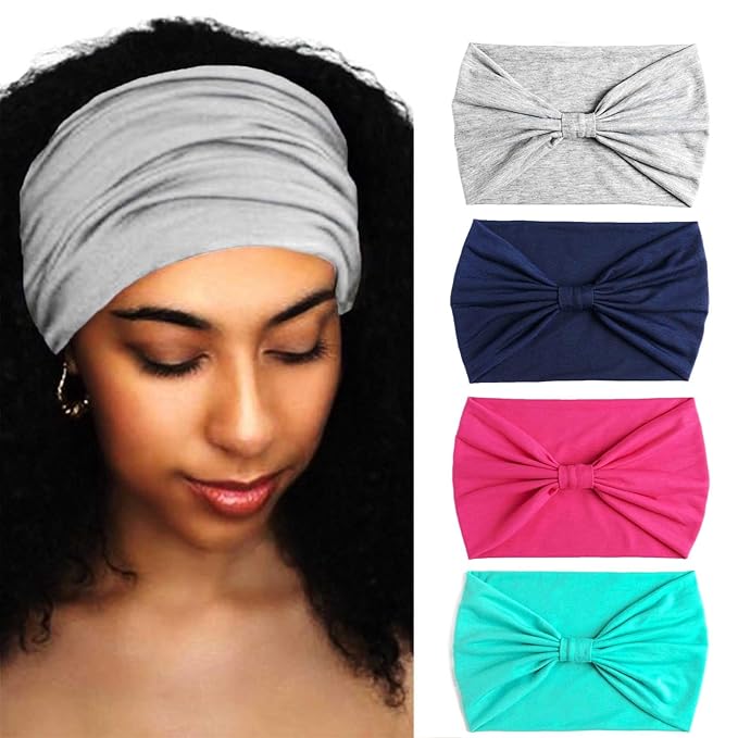 Wide Headbands Stretch Turban Knotted Hairbands Elastic Yoga Workout Sweatband Running Sport Head Scarf Large African Head Wraps for Women 4 Pcs (Set C)