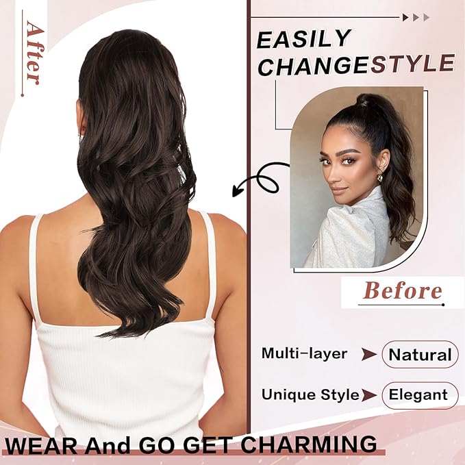 Ponytail Extension, Drawstring Ponytail Extension for Women 20 Inch Long Wavy Brown Pony Tails Hair Extensions Synthetic Clip in Ponytail Hairpiece for Women