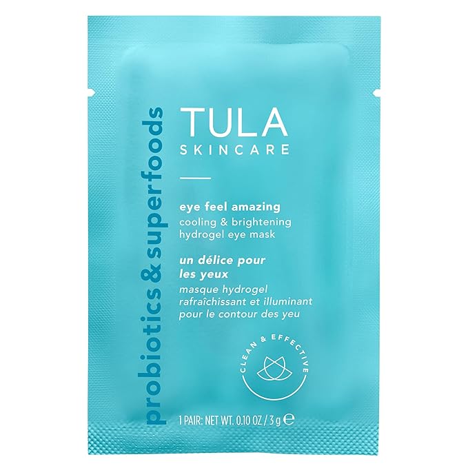 TULA Skin Care Eye Feel Amazing Cooling & Brightening Hydrogel Eye Masks - Fights Puffiness & Soothes Undereyes, Contains Hyaluronic Acid & Niacinamide, Caffeine & Chamomile, 4 packettes, 0.10 oz.