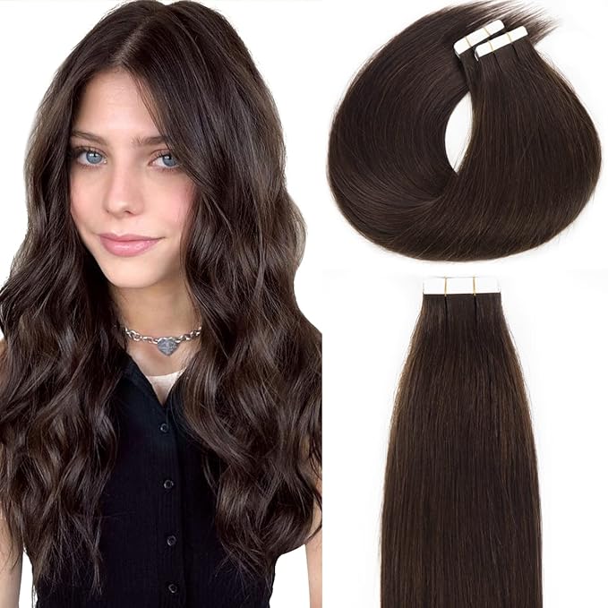 Lacer Real Human Hair Tape in Extensions Black 20 Inch Double Sided Skin Weft Hair Extensions Tape in 20Pcs 50 Gram Color 2A Dark Bown