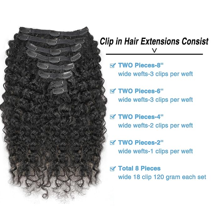 Burmese Curly Clip in Hair Extensions Real Human Hair 8Pcs Brazilian Human Hair Clip ins for Black Women With 18Clips 120g 12inch #1B Natural Black