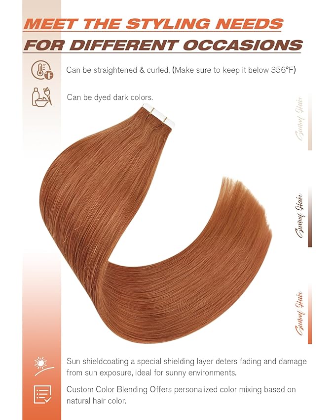 Sunny Hair Tape in Hair Extensions Real Human Hair Invisible Remy Hair Extensions Tape ins for Women Copper Red 24 inch 20Pcs 50G