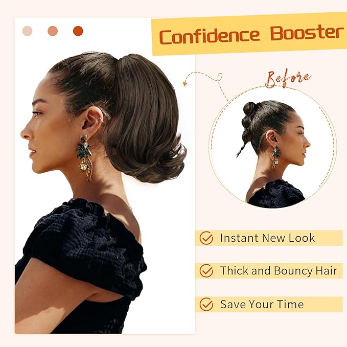 KooKaStyle Ponytail Extension, 10" Short Claw Clip in Pony Tails Hair Extensions Curly Wavy Synthetic Drawstring Hairpieces for Women(Cedar Brown)