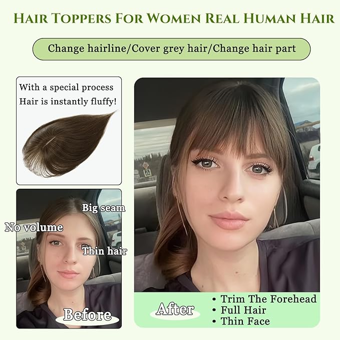 Hair Toppers for Women Real Human Hair, 360°3D Bangs Clip Human Toppers for Women with Thinning hair Realistic Scalp Line (Black, 3D Wispy Bangs(11 * 7))