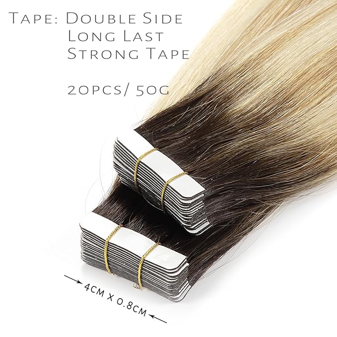Lacer Remy Human Hair Extensions Tape Ins 20 Inch Tape in Real Human Hair Extensions Pu Skin Weft Color Caramel Blonde Mixed Bleach Blonde with Darkest Brown Roots 50 Gram R#2-27/613