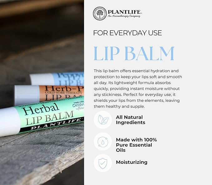 Plantlife Herbal Lip Balm - Organic Lip Balm Made with Beeswax, Calendula & Chamomile - Soothing Lip Balm for Chapped Lips - Helps Moisturize Lips & Works on Minor Cuts & Scrapes - Made in California