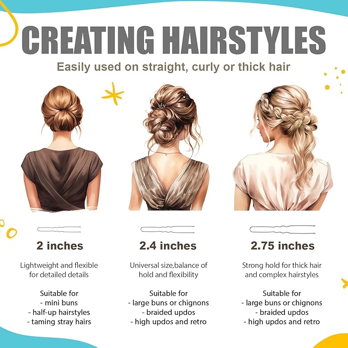 Hoyols U Shaped Hair Pins, Assorted Size Hair Bobby Pins, Metal Curved Curly Bun Clips Crimped Design with Ball Tips for Women Girls Grips Hairstyle, 150 Count Bulk Pack (Silver)