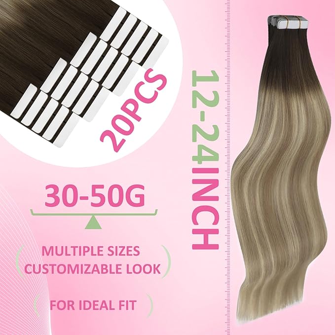 YoungSee Human Hair Tape in Extensions Brown Balayage Tape in Hair Extensions Real Human Hair Brown Ombre Blonde with Medium Brown Tapes Human Hair Extension Silky Straight 20 Inch 20pcs 50g