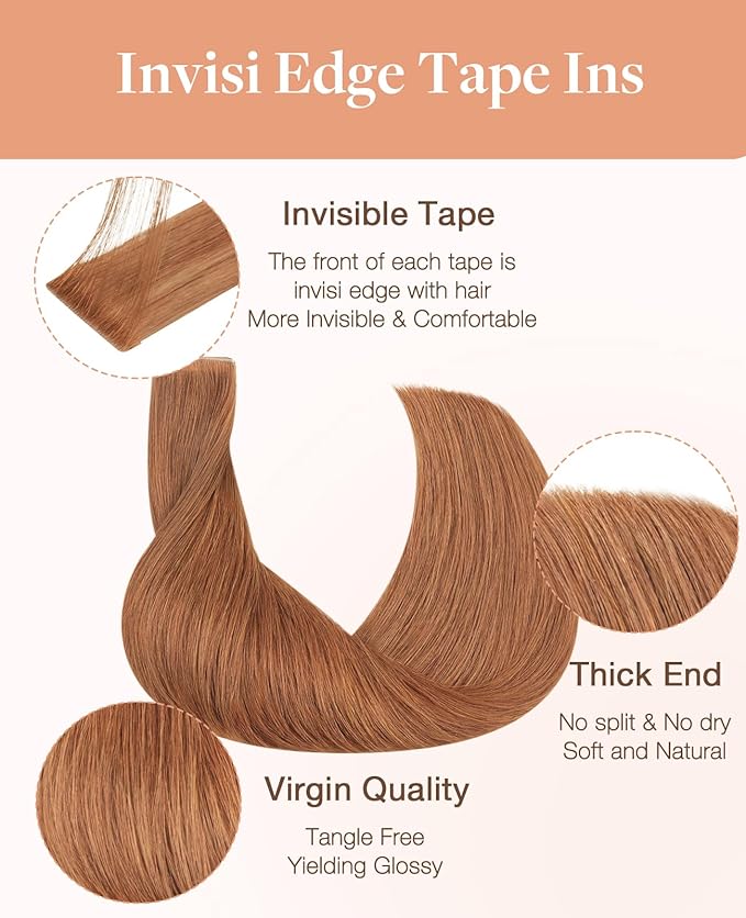 GOO GOO Invisi Edge Tape in Hair Extensions Human Hair, 330 Cinnamon Terra Copper 10pcs injected with 10pcs classical tape ins, 24inch 50g, Virgin Remy Hair, Natural Look