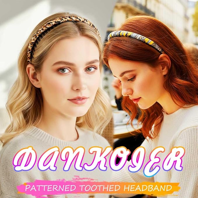 Non-Slip Headbands with Teeth, Polyester Floral and Leopard Hair Bands for Women, 4-Pack