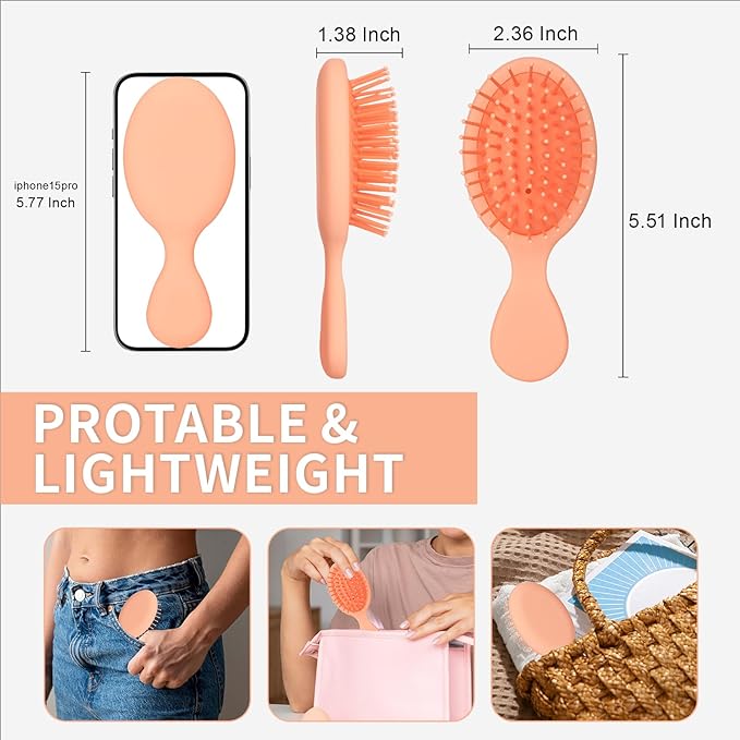 Mini Hair Bursh for Women Men and Kids, Protable Travel Size Hair Brush for Pockets Purse backpack, Mini Detangler Brush for All Hair Types, Small Hair Brush for Detangling (1 Pack-Orange)
