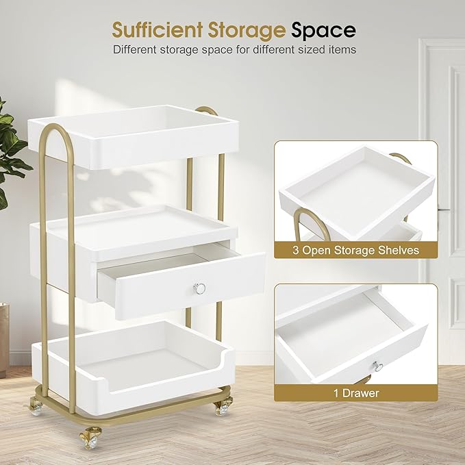 BarberPub Salon Trolley Cart with Lockable Wheels, Stylist Trolley with 3 Shelves, Salon Storage Cart for Beauty Shop, Barber Shop, Spa 2086 (White&Gold)