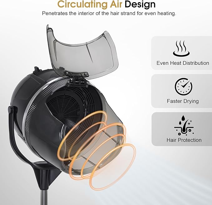 BarberPub 1300W Hooded Hair Bonnet Dryer with Stand, Height Adjustable Floor Standing Rolling Base, Beauty Salon Equipment with 360° Rotation VHD08 (Black)