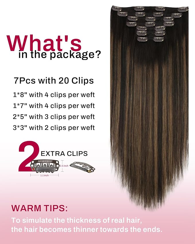 Moresoo Clip in Hair Extensions Human Hair Ombre Dark Brown to Chestnut Brown Real Human Hair Extensions Clip ins 16 inch Double Weft 135g/7pcs