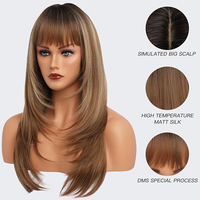 Ombre Light Brown Wig With Bangs Long Wavy Straight Wig with Layered Hair Synthetic Heat Resistant Wigs for Women Daily Party Use 26 Inches