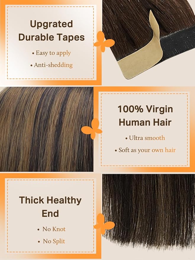 DOORES Tape in Hair Extensions, 100g 40pcs 18 Inch Balayage Natural Black to Chestnut Brown, Straight Skin Weft Human Hair