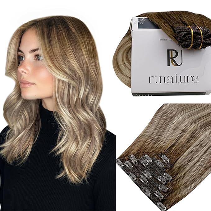 RUNATURE Clip in Hair Extensions Real Human Hair, Balayage Human Hair Clip in Extensions for Women, Thick Natural Remy Hair, Straight 14 Inch 120g 7pcs #3/8/22 Brown Root to Blonde