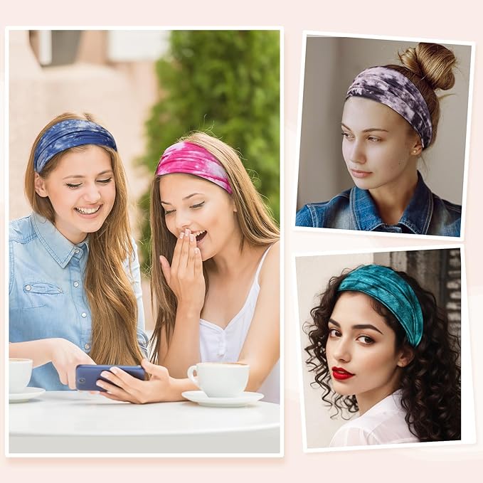 obeoby Tie Dye Headbands for Women, 8Pcs Boho Hairbands Fashion Knot Wide Headband for Daily Yoga Work, Hippie Gifts for Women