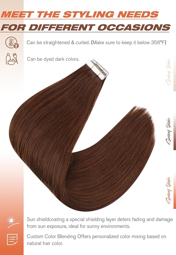 Sunny Hair Tape in Hair Extensions Human Hair, 12inch 40Pcs Auburn Brown Human Hair Tape in Extensions Remy Invisible Tape ins Human Hair Extensions Straight