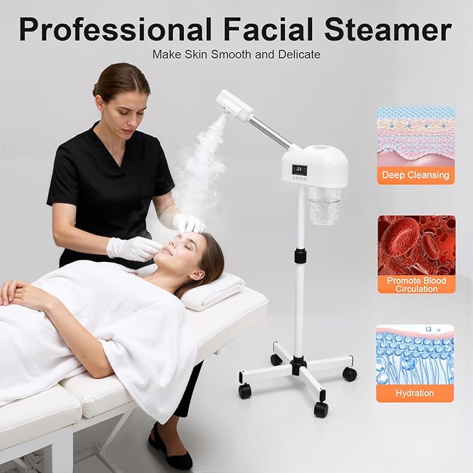 Professional Facial Steamer, 750W White Skin Care Equipment w/Wheels & LCD Panel, PTC Heating, 600ml Large Capacity Face Steamer Machine, Adjustable Height Hot Mist Steamer for Beauty Salon